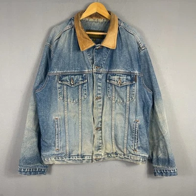 Timberland Weathergear Denim Vintage Jacket Mens XL Blue Leather Collar Coat - Image 1 of 4