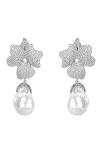 Orecchini Fiore Bianco Rosa Barocco Naturale Perla 925 Argento Sterling Cz Sposa - Foto 1 di 7