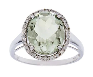 10k White Gold Oval 5.20ct Green Amethyst and Diamond Halo Ring (G-H, I1-I2) - Picture 1 of 3