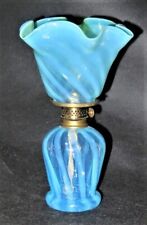 ITEM #63 HII 511 Blue Vertically Stripped Opalescent Glass Miniature Oil Lamp
