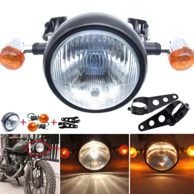 Motorcycle Retro Front Headlight Turn Signal Light+Mount For Cafe Racer Bobber - Image 1 of 4