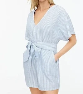 J.Crew Romper Blue White Cotton-linen Striped V-Neck Belted Beachwear Size XXS - Picture 1 of 7