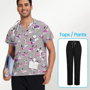 Men Printed Scrub Tops Medical NiaaHinn Uniform V-Neck Short Sleeve Cargo Pants - Picture 1 of 78