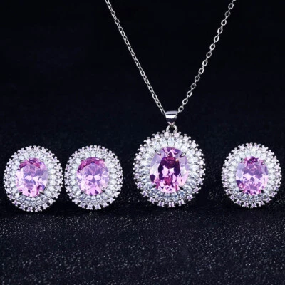 3pc Summer Party Jewelry Set Pink Topaz Gems Silver Necklace Women Earring Ring - Image 1 of 4