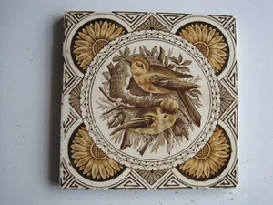 ANTIQUE VICTORIAN 6"PRINT & TINT BIRDS & SUNFLOWERS WALL TILE - W & E CORN C1894 - Picture 1 of 2