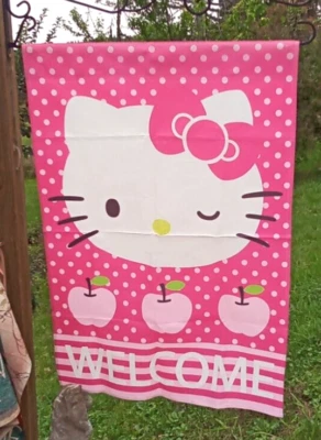 Hello Miss Kitty Welcome Flag Cat Whiskers Apples Pink White Polka Dot 40x28" - Image 1 of 2