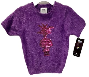 Trolls World Tour Short Sleeve Purple Fuzzy Sweater Pink Sequin Poppy XS M L XL - Picture 1 of 6