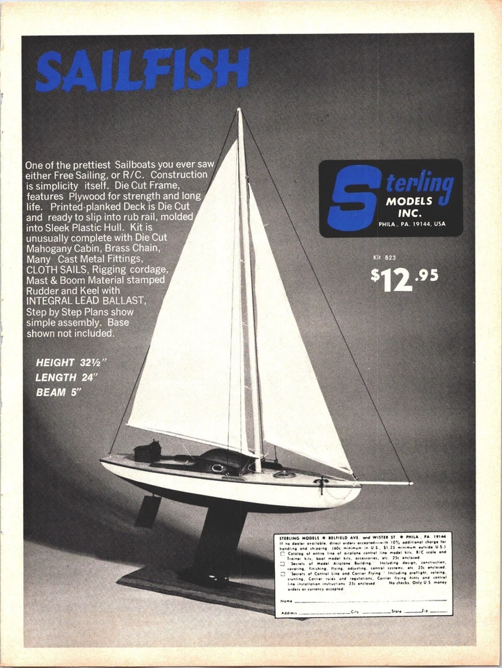 Sailfish RC Sailboat Vintage Print Ad Ephemera Wall Art Decor 1974 Sterling - Image 1 of 1