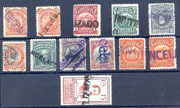 BOLIVIA 1890-1925, Straight line Cancels, 12 items w/ unused encomienda - Image 1 of 1