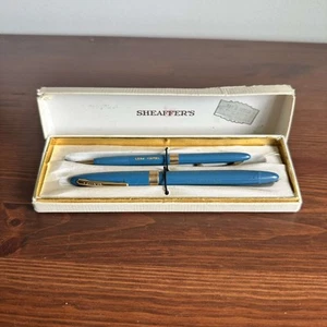 Vintage Sheaffer's Blue Snorkel Dip Fountain Pen & Pencil 14K Gold Nib Engraved - Picture 1 of 5
