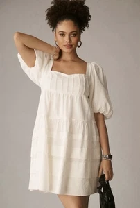 Anthropologie weißes Puffärmel Kleid gesmokt Stufen offener Rücken Babydoll Gr. L - Bild 1 von 24