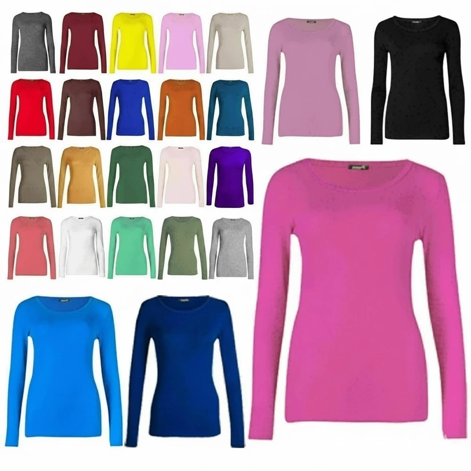 Womens Ladies Long Sleeve Stretch Plain Scoop Neck T Shirt Top assorted 8-26 - Image 1 of 1