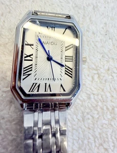 NAIDU Stainless Steel Wristwatch Roman Numerals Silver Tone Rectangle Case - Foto 1 di 8