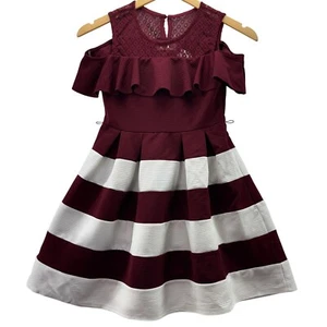 Girls Burgundy White Striped Lace Fit Flare Dress Size 10 Off Shoulder Ruffle - Picture 1 of 11