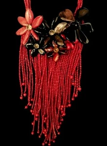 NATURAL STONE CRYSTAL BIB NECKLACE RED CORAL AGATE JASPER HANDMADE HANDCUT - Picture 1 of 6