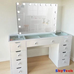 WHITE GLASS TOP MAKE-UP DRESSER TABLE WITH LED MIRROR WITH DRAWER KLDS11-G - Picture 1 of 17