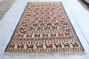 Vintage Pictorial Kilim Rug 4'0x6'4 ft Afghan Handmade Sumak rug, Bedroom Carpet - Picture 1 of 15