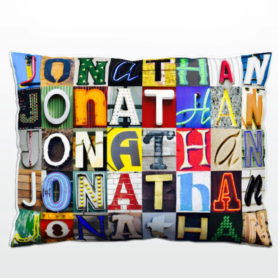 Personalized Pillow featuring the name JONATHAN in photos of sign letters - Image 1 of 1