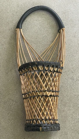 VTG BOHO Flat Backed Wicker Black and Natural Basket, Philippines 10" Cover