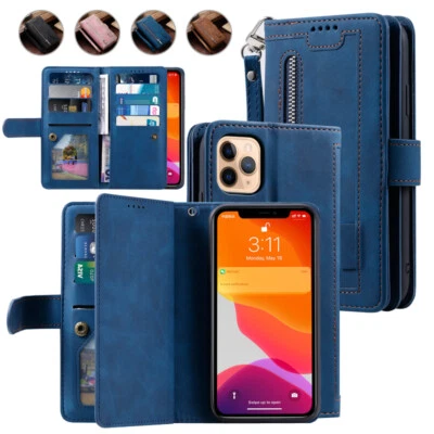 For iPhone 16e/16/15/14/13/12/11 XR SE 8 Zip Leather Wallet Case Card Flip Cover - Image 1 of 4