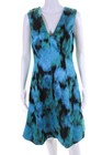 Lela Rose Womens Back Zip V Neck Mini Dress Green Blue Black Size 6
