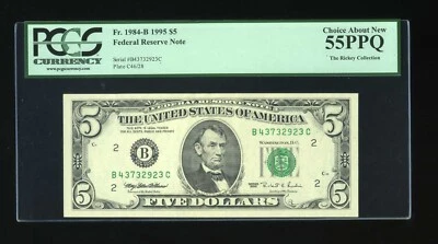DBR 1995 $5 FRN New York Gem Fr. 1984-B PCGS 55 PPQ Serial B43732923C - Image 1 of 2