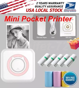 Mini Pocket Thermal Printer Wireless Bluetooth Photo Inkless 14 Roll Paper + Pen - Picture 1 of 10