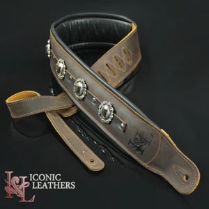 Iconic CUSTOM SHOP Conchos 3.25" Brown Leather Padded Guitar Bass Strap #1 - Picture 1 of 11