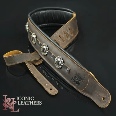 Iconic CUSTOM SHOP Conchos 3.25" Brown Leather Padded  Guitar Bass Strap #1 - Image 1 of 4