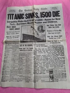 Titanic Sinks 1500 Die Boston Daily Globe 16 de abril 1912 reproducción periódico - Imagen 1 de 6
