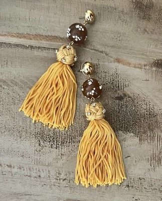 J Crew Crystal Studded Beaded Bead Yellow Gold Tassel Knot Thread Long Earrings - Image 1 of 4