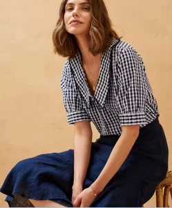 Brora Navy Gingham Chelsea Collar Blouse Size 10 -beautiful- Rrp 129 - Worn Once - Picture 1 of 14