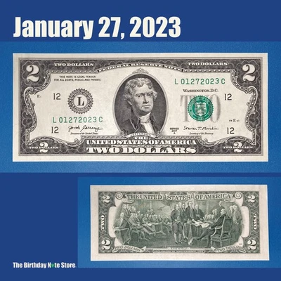 January 27, 2023 Birthday Anniversary $2 Two Dollar Bill Serial Number 01272023 - Image 1 of 2