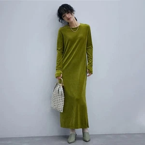 Abito lungo donna retrò design spacco laterale tinta unita velluto sciolto girocollo nuovo - Foto 1 di 13