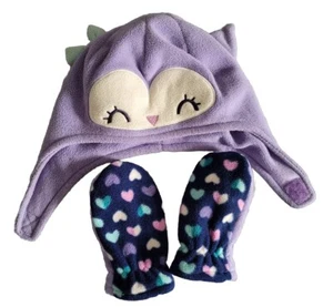 Baby Girls Purple White Hat & Mitten Set Owl Hat & Hearts Print Size 6-18 Mos - Picture 1 of 12