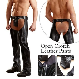 Men Long Pants Faux Leather Wetlook Gay Open Crotch Trousers Nightclub Stage Zip - Picture 1 of 7
