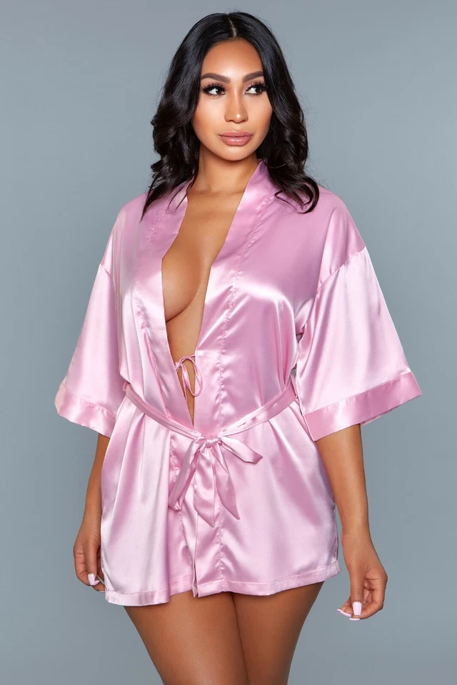 sexy BE WICKED short quarter SLEEVES silky SATIN pockets SASH tie ROBE lingerie - Image 1 of 1