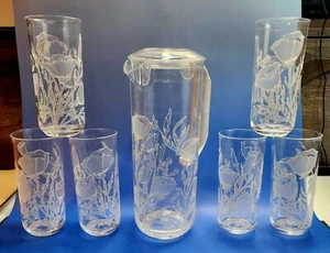 Vintage Culver Flora Longdrinkgläser Tumbler Mohn 6er Set Acryl + Krug - Bild 1 von 8