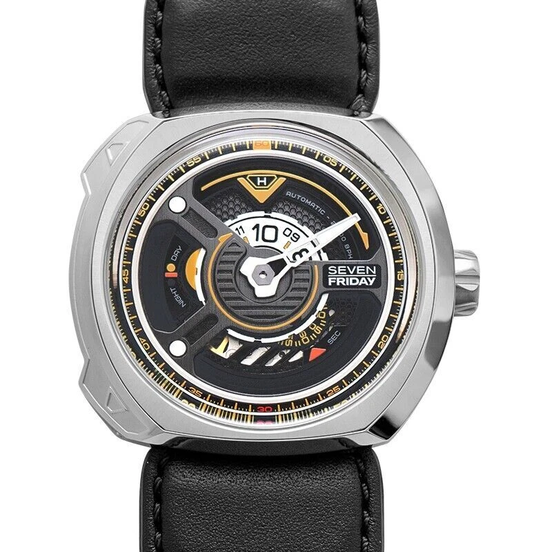 Seven Friday W-series The Blade Steel Leather Automatic Mens Watch W1/01 - Black/Silver