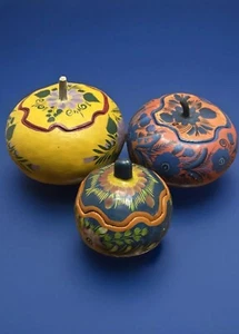 VTG Mexican Folk Art Hand Painted Floral Lacquered Gourd Bowls Trinket Box Lids - Picture 1 of 24