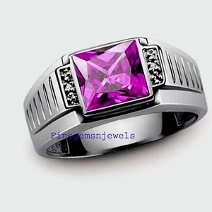925 Sterling Silver With Natural Amethyst & CZ Gemstones Ring For Men's #4965 - Picture 1 of 4