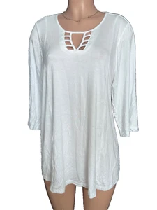 Catherines Solid White Womens 0X (14-16W) Strappy Keyhole Neck Tunic Rayon Top - Picture 1 of 8