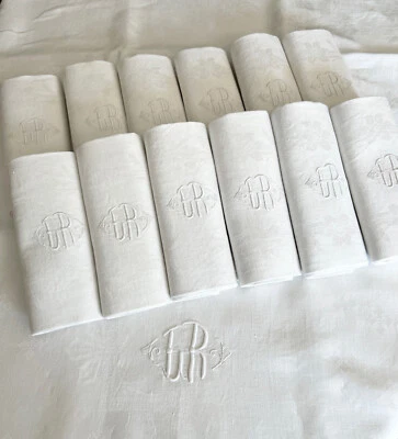 Nappe et 12 serviettes 1900, coton damassé brodées initiales LR, linge table - Photo 1/4