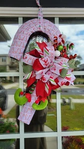 Christmas candy cane wreath door hanger in Red White Green Elf Legs Big bow 20" - Picture 1 of 7