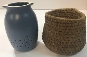 Antique Blue Pottery Tea Infuser In Hand Woven Cozy Holder - Picture 1 of 8