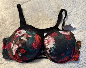 Plus Sz 46 DD Cacique Boost Balconette Bra Seriously Sexy Black Red Flower NWT - Picture 1 of 13