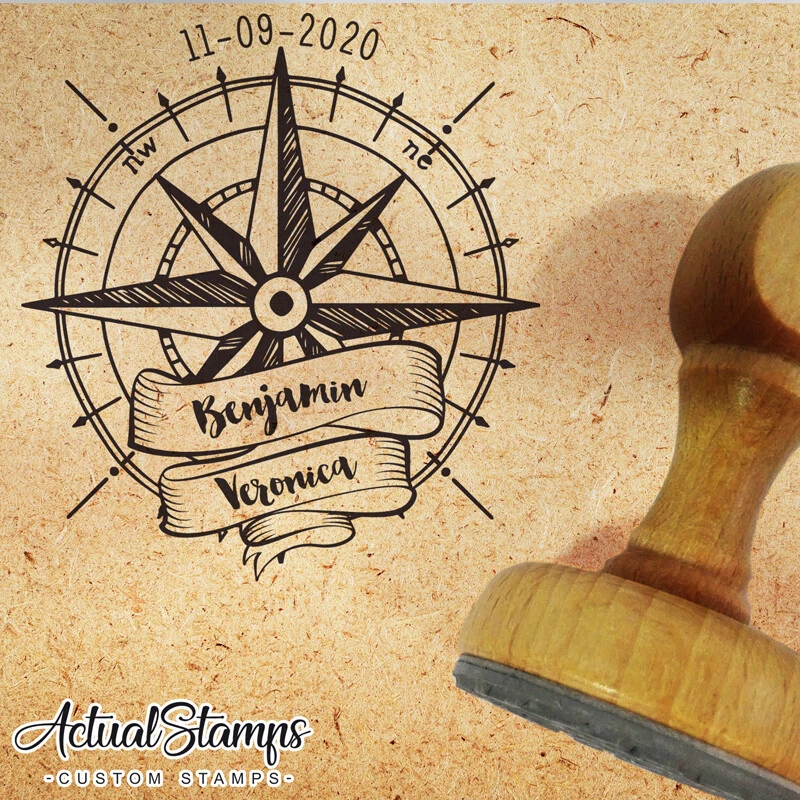 SELLO DE BODA, sello de goma personalizado, sello personalizado, rosa de los vientos, estampillas de brújula Foto 1 de 4