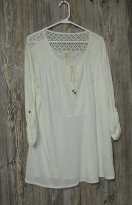 Faded Glory Knit Top Women's Plus Size 3X 22w-24w Cream Lace Trim Boho Peasant - Image 1 of 4