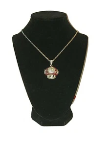 Red Mario Mushroom Pendant 22" Silver Chain CZ ICED Bling Hip Hop Anime Nintendo - Imagen 1 de 8