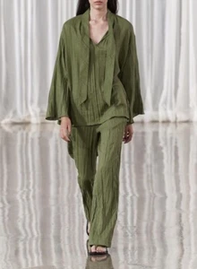 Zara Wrinkled Linen Pajama Pants Rustic Pull On Womens XL Green New 4786/065 New - Picture 1 of 8